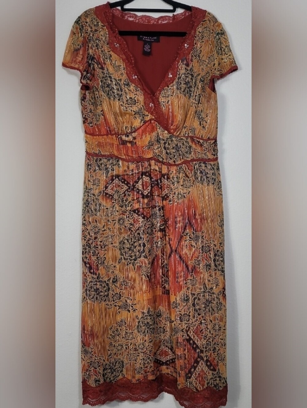 Vintage Robbie Bee Silk Midi Dress Size 12/M Earthy Floral Sequin Lace